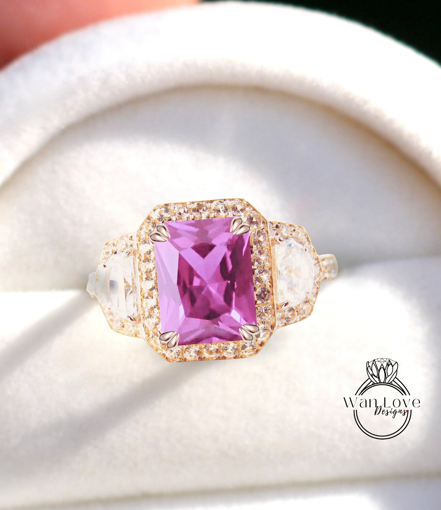 Anello di fidanzamento con diamante zaffiro rosa e mezza luna trapezoidale 3ct 9x7mm 14k 18k bianco giallo oro rosa platino regalo di anniversario di matrimonio personalizzato