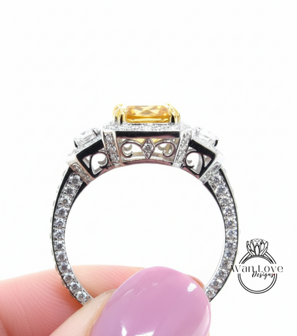 Anello baguette con zaffiro blu smeraldo e diamanti, anello di fidanzamento Art Déco, anello con pietra laterale con diamante, anello con tre pietre Halo con diamante