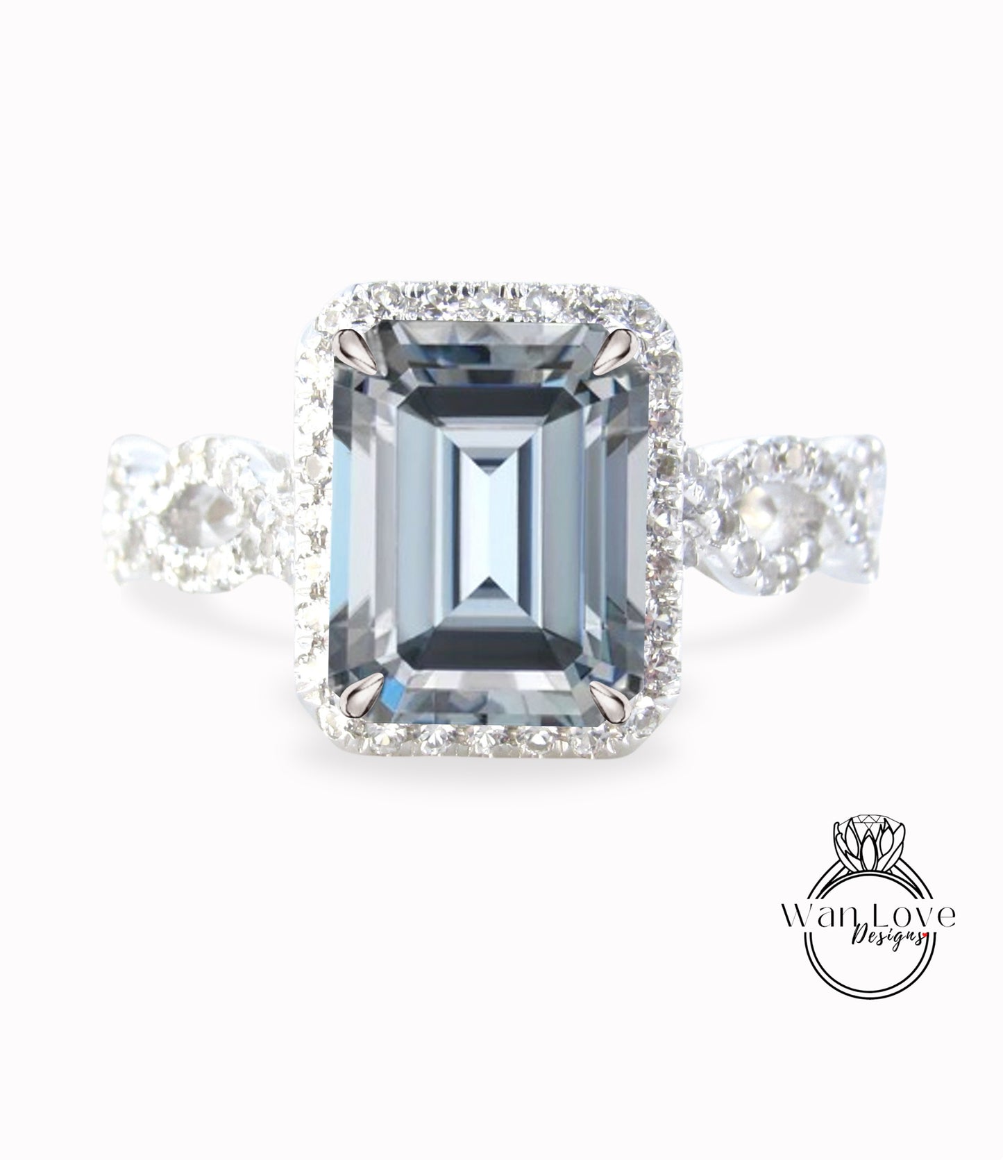 Gray Moissanite & Diamonds Emerald Halo Infinity Twist Shank Engagement Ring, 3/4 Eternity, Custom, 14kt 18kt Gold, Platinum, WanLoveDesigns