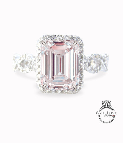 Light Pink Sapphire & Diamond Emerald cut Halo Twisted Engagement Ring Split Shank Infinity Twist Vine ring Bridal wedding ring Anniversary Gift