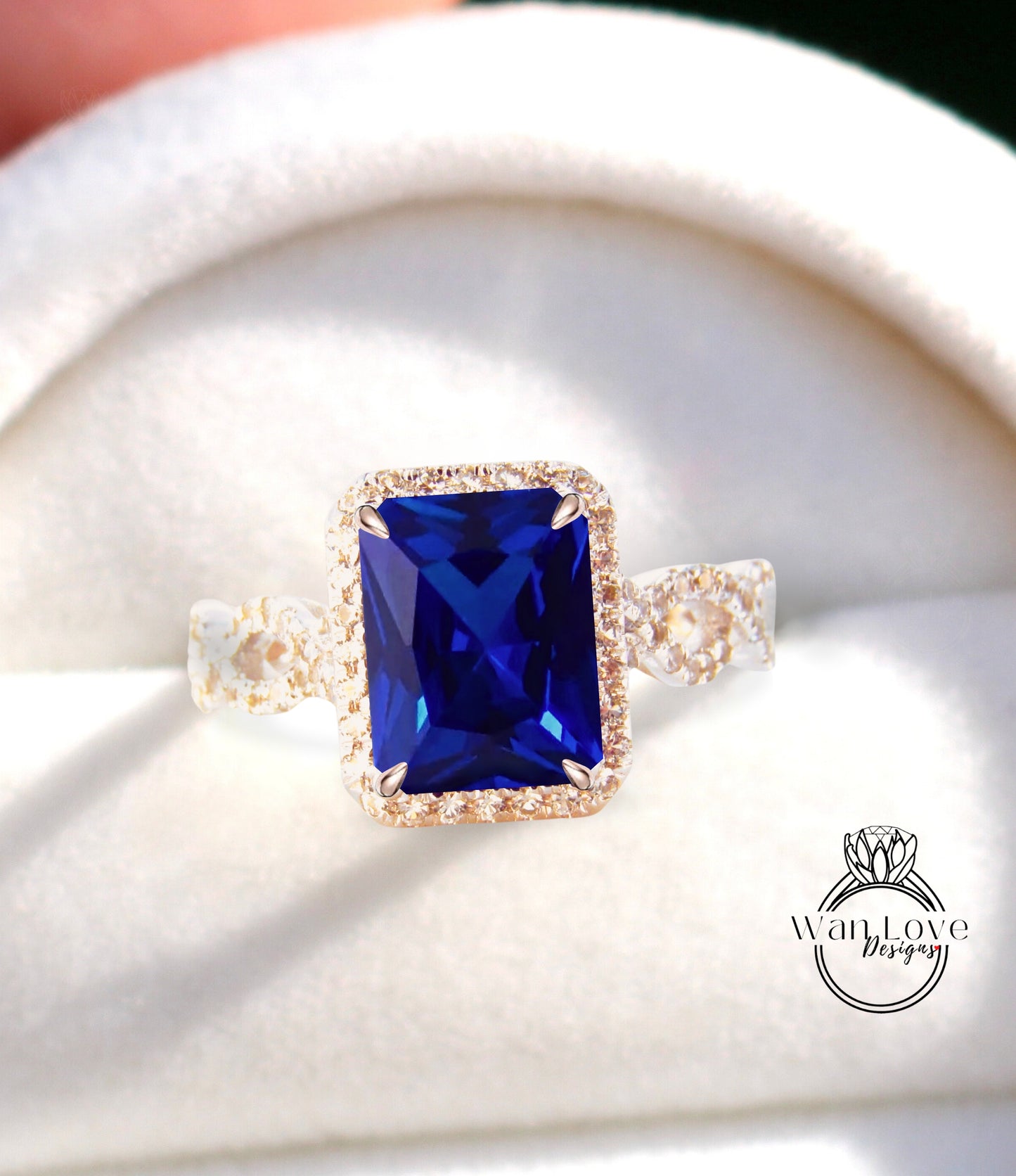 Blue Sapphire & Diamonds Emerald Halo Infinity Twist Shank Engagement Ring, 3/4 Eternity, Custom,14k 18k Gold, Platinum, WanLoveDesigns