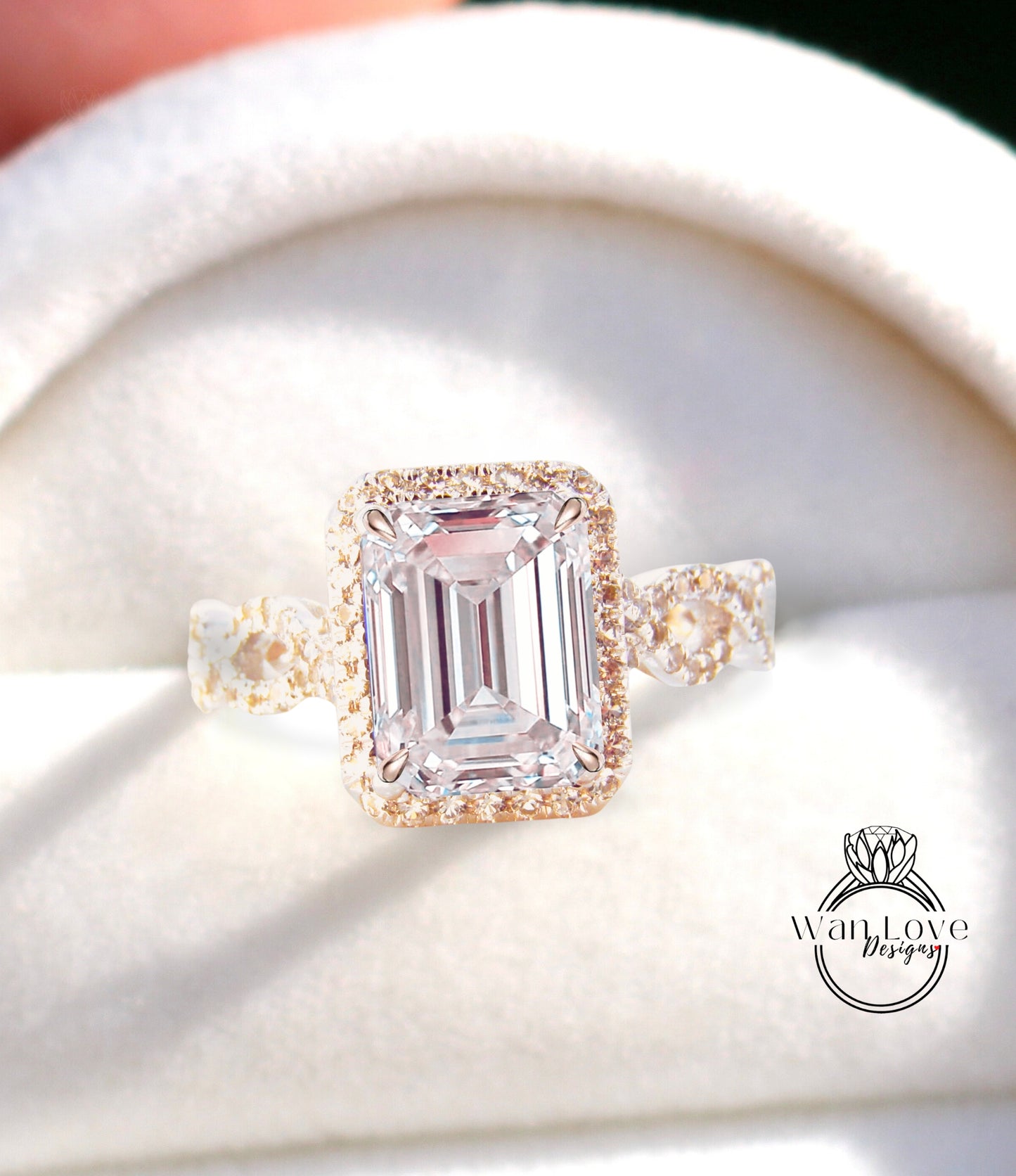 Light Pink Sapphire & Diamond Emerald cut Halo Twisted Engagement Ring Split Shank Infinity Twist Vine ring Bridal wedding ring Anniversary Gift