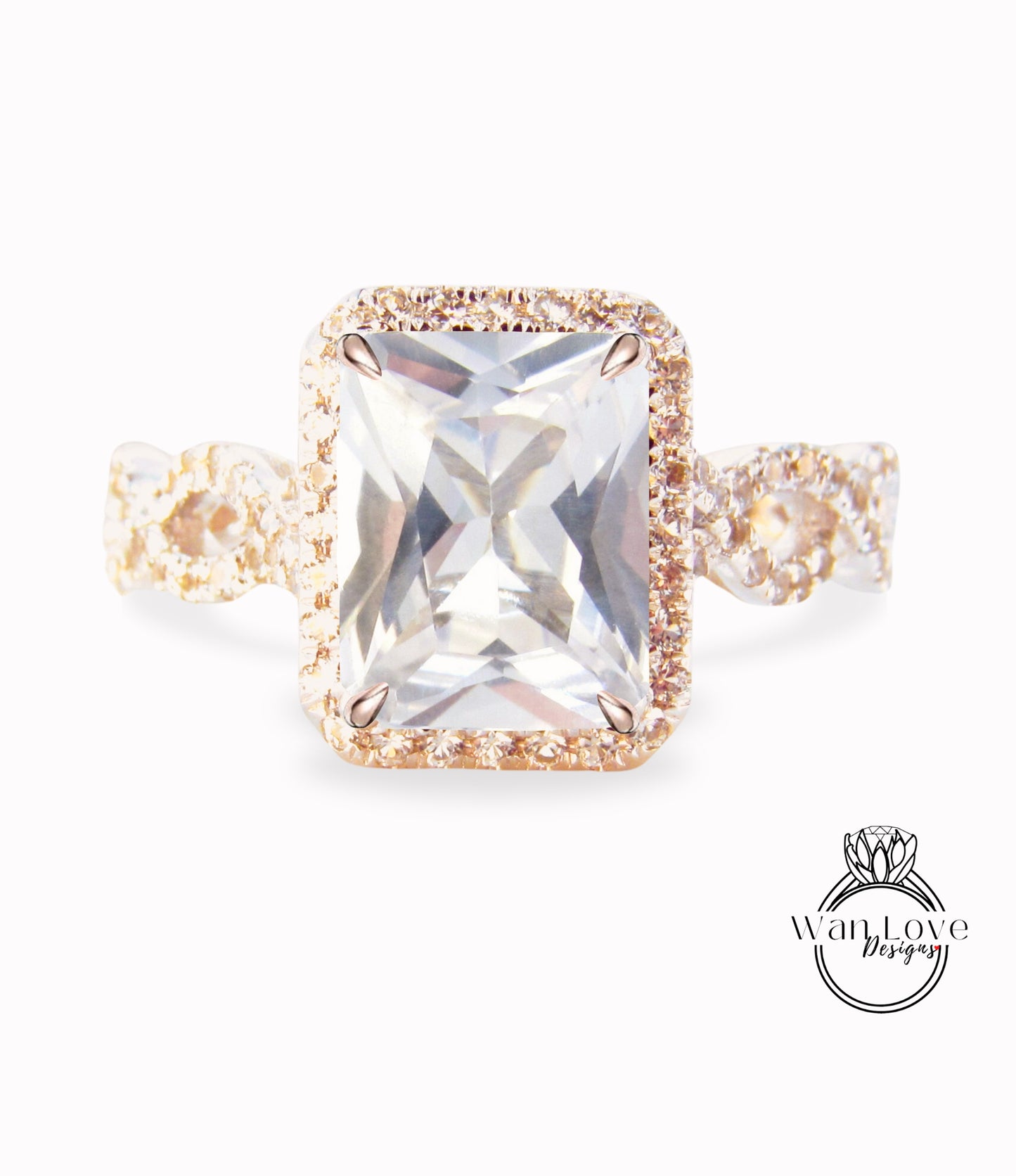 Anello di fidanzamento unico con smeraldo bianco zaffiro diamante delicato vite attorcigliata Halo, WanLoveDesigns