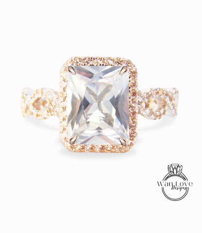 Anello di fidanzamento unico con smeraldo bianco zaffiro diamante delicato vite attorcigliata Halo, WanLoveDesigns