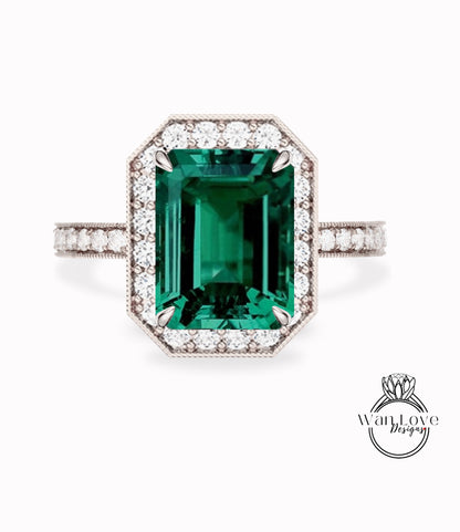 Anello di fidanzamento con diamante smeraldo Milgrain Halo / Anelli di smeraldo verde mezza eternità / Anelli di nozze Diamond Halo / Anello di dichiarazione