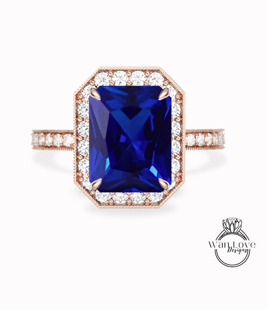 Anello di fidanzamento con zaffiro blu smeraldo Milgrain Halo / Anelli con zaffiro blu Half Eternity / Anelli di nozze Diamond Halo / Anello di dichiarazione