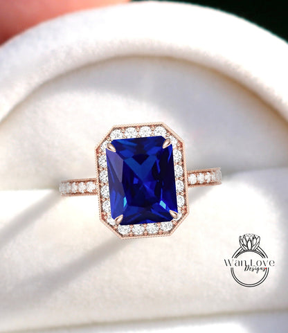 Anello di fidanzamento con zaffiro blu smeraldo Milgrain Halo / Anelli con zaffiro blu Half Eternity / Anelli di nozze Diamond Halo / Anello di dichiarazione