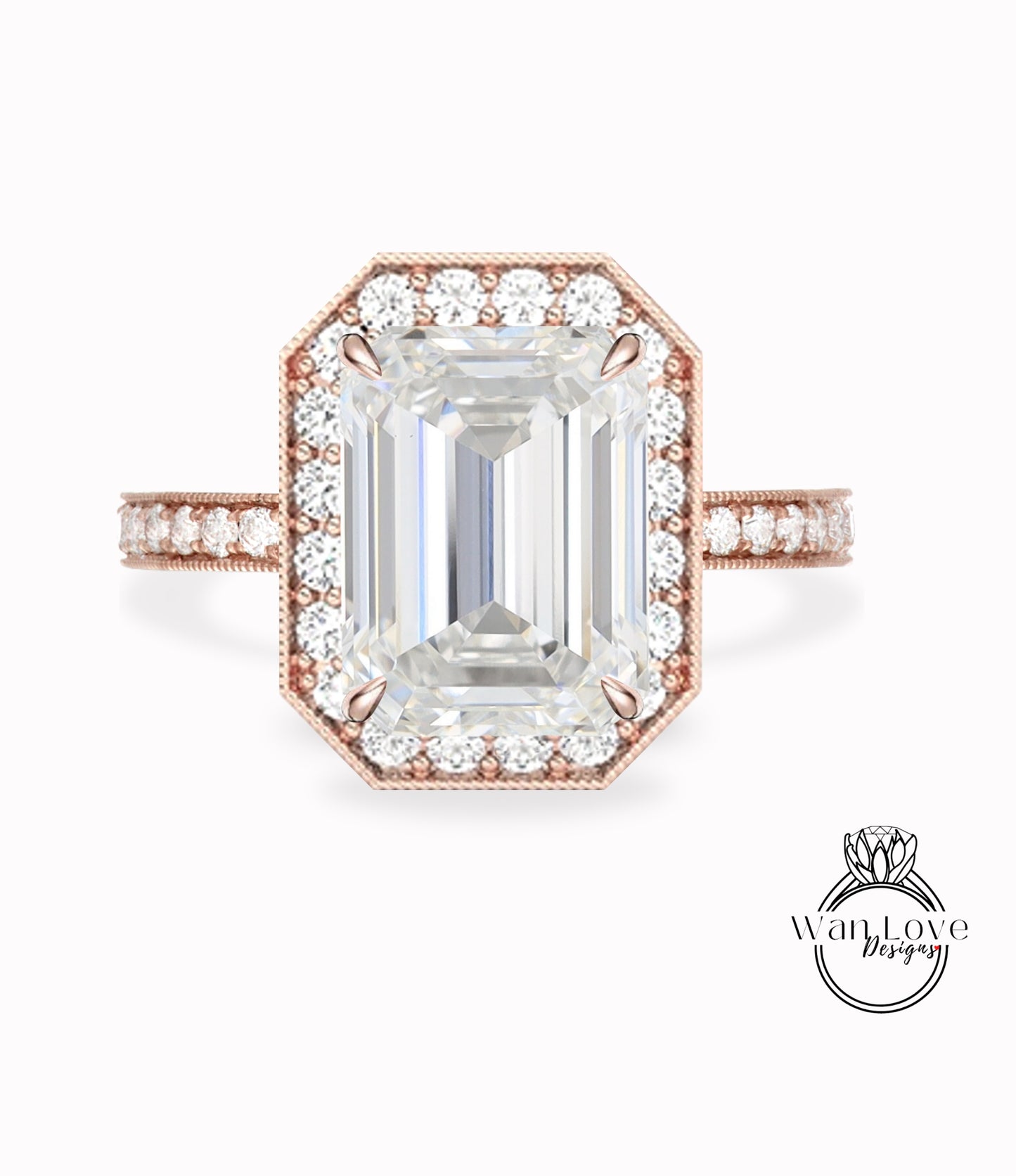 Milgrain Halo Emerald cut Moissanite Diamond Engagement Ring/ Half Eternity Moissanite Rings/ Diamond Halo Wedding Rings/ Statement Ring