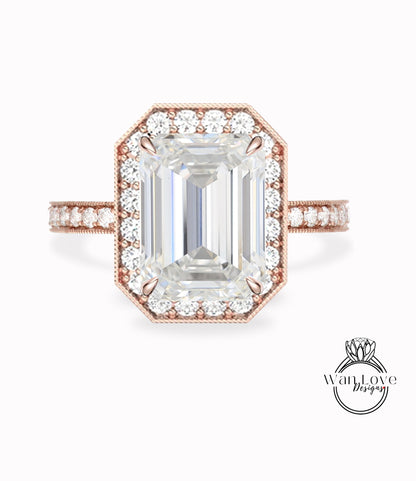 Milgrain Halo Emerald cut Moissanite Diamond Engagement Ring/ Half Eternity Moissanite Rings/ Diamond Halo Wedding Rings/ Statement Ring