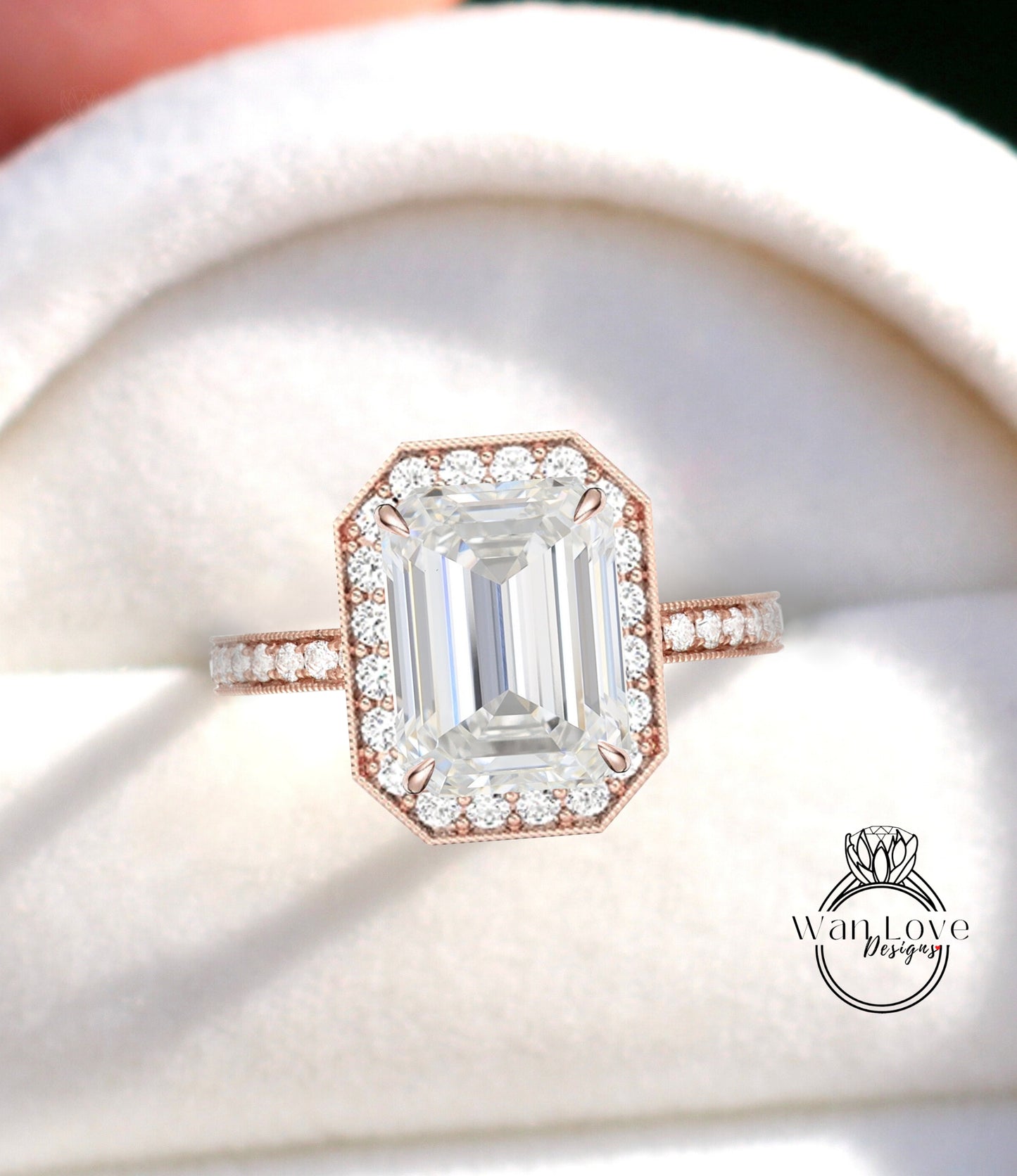 Milgrain Halo Emerald cut Moissanite Diamond Engagement Ring/ Half Eternity Moissanite Rings/ Diamond Halo Wedding Rings/ Statement Ring