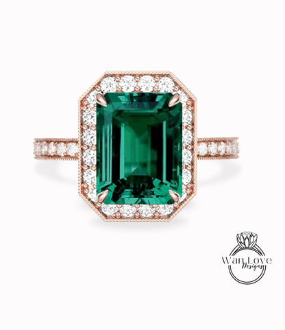 Anello di fidanzamento con diamante smeraldo Milgrain Halo / Anelli di smeraldo verde mezza eternità / Anelli di nozze Diamond Halo / Anello di dichiarazione