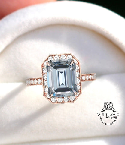 Anello con diamante Halo Anello con Moissanite grigio e anello di fidanzamento radiante con diamante Anello Art Deco con Halo grigio smeraldo Anello di promessa nuziale per anniversario di matrimonio