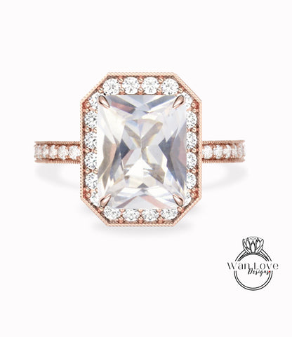 Anello di fidanzamento con zaffiro bianco smeraldo Milgrain Halo / Anelli con zaffiro bianco Half Eternity / Anelli di nozze Diamond Halo / Anello di dichiarazione