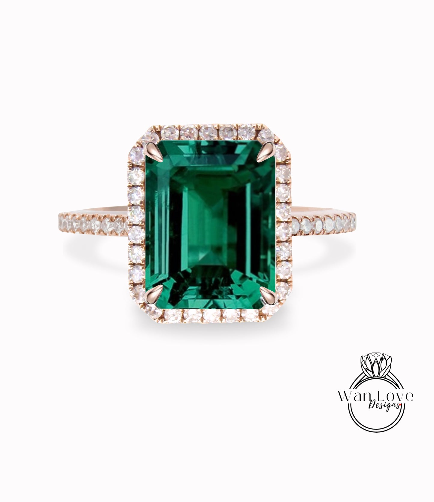 Emerald & Diamond Halo Engagement Ring- Low profile Custom made-Wedding-Anniversary-10k 14k 18k White Yellow Rose Gold-Platinum