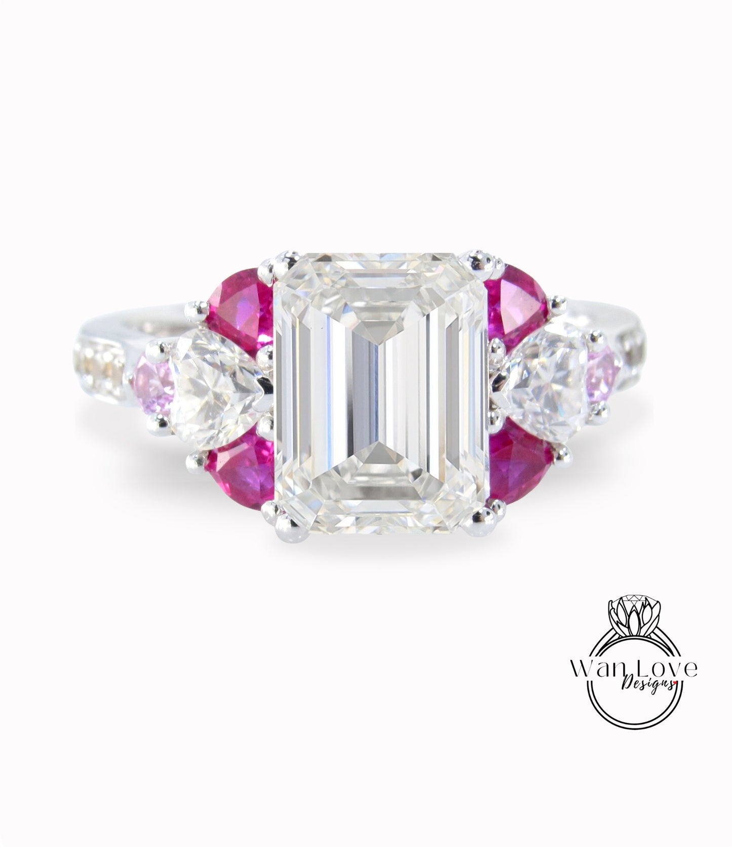 Moissanite & Diamond Engagement Ring Antique Pink Sapphire Ruby Heart Engagement Ring Art deco Bridal wedding ring trillion Diamond Gold Bridal ring Anniversary Gift