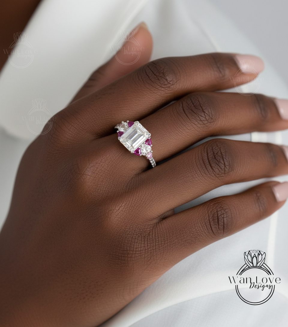 Moissanite Pink Sapphire Ruby Emerald Round Heart Engagement Ring 3ct Custom Wedding White Gold Anniversary Gift-Ready to Ship