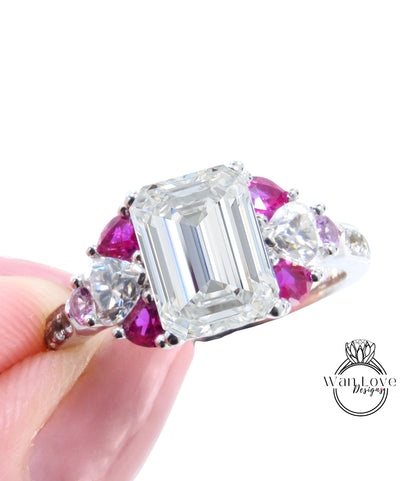 Moissanite Pink Sapphire Ruby Emerald Round Heart Engagement Ring 3ct Custom Wedding White Gold Anniversary Gift-Ready to Ship