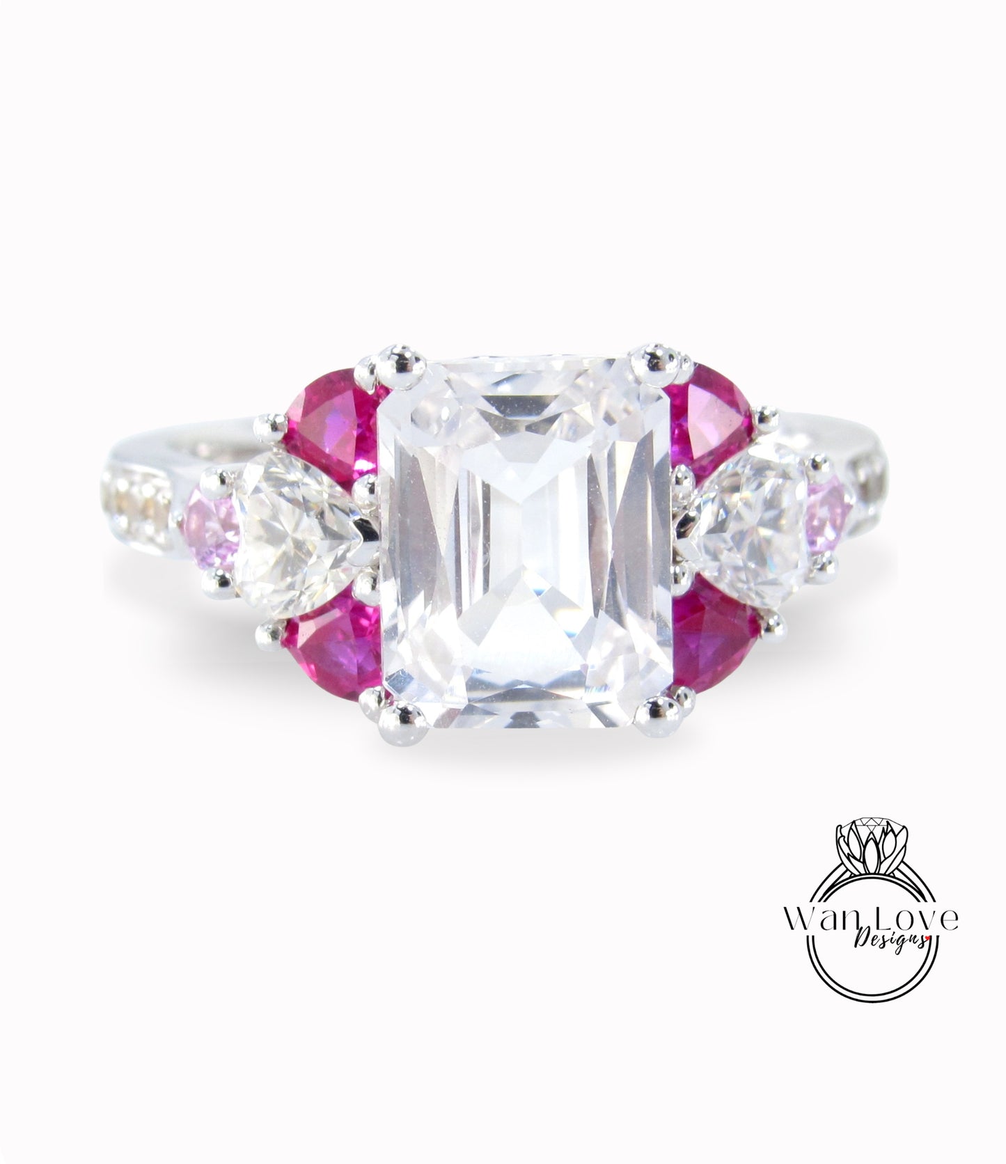 White Pink Sapphire Ruby & Diamond Emerald Heart Round Engagement Ring, Custom-14k 18k White Yellow Rose Gold-Platinum,Anniversary Gift