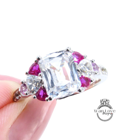 White Pink Sapphire Ruby & Diamond Emerald Heart Round Engagement Ring, Custom-14k 18k White Yellow Rose Gold-Platinum,Anniversary Gift
