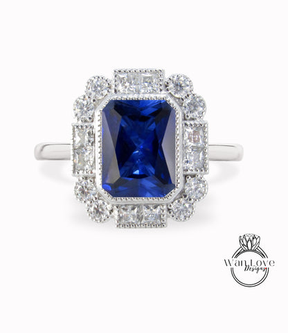 Anello di fidanzamento rotondo Halo con castone Milgrain con zaffiro blu e smeraldo, matrimonio personalizzato antico con moissanite