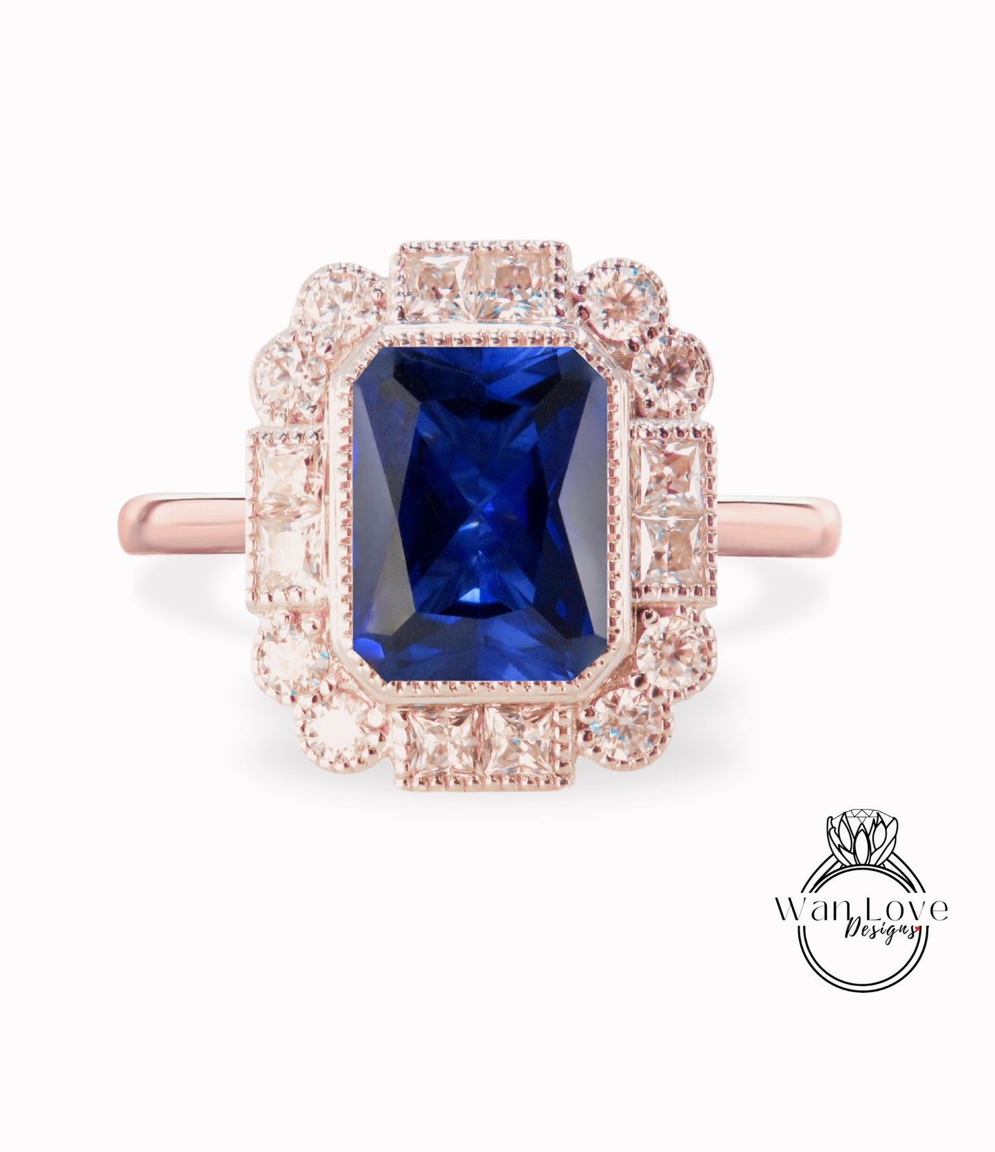 Anello di fidanzamento rotondo Halo con castone Milgrain con zaffiro blu e smeraldo, matrimonio personalizzato antico con moissanite