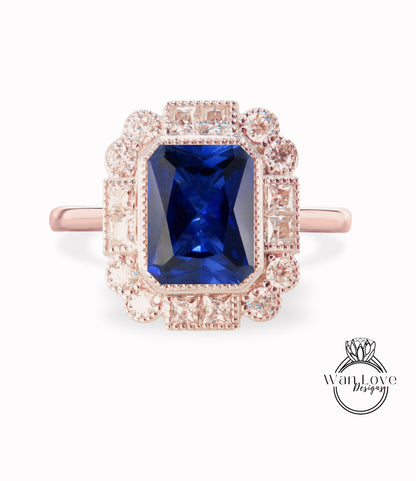 Anello di fidanzamento rotondo Halo con castone Milgrain con zaffiro blu e smeraldo, matrimonio personalizzato antico con moissanite