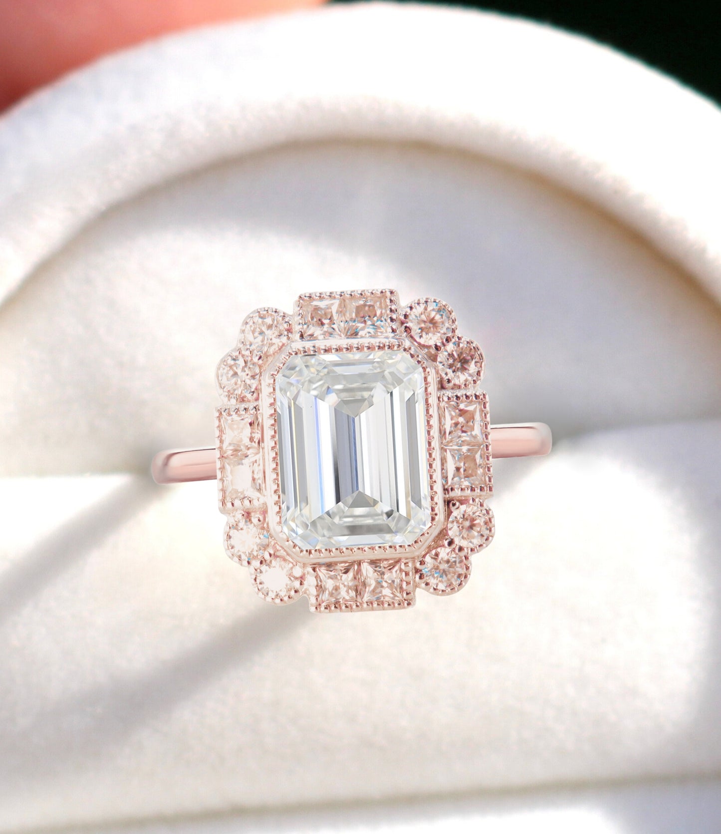 Emerald cut Diamond engagement ring halo ring vintage diamond milgrain bezel ring rose gold ring art deco ring wedding bridal ring anniversary gift