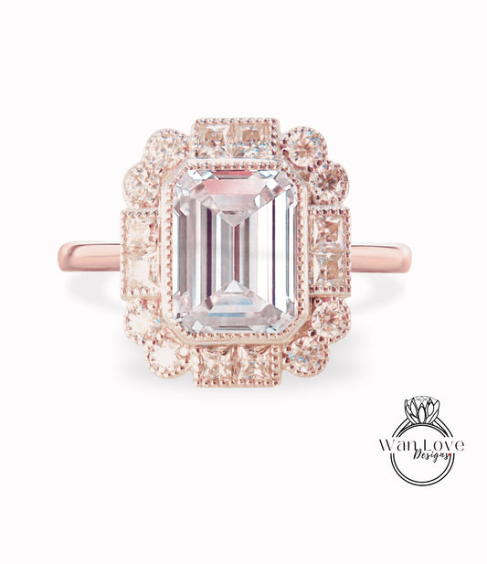Anello di fidanzamento rotondo Halo con castone Milgrain con zaffiro rosa chiaro e smeraldo, matrimonio personalizzato antico con moissanite