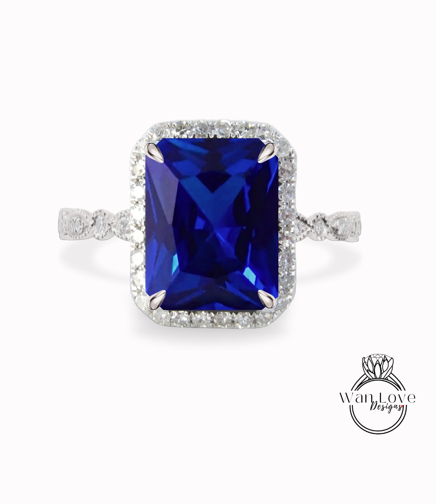 Blue Sapphire & Diamond Halo Scalloped Milgrain Shank band Ring Radiant Engagement Ring Art Deco Emerald Halo Ring bridal wedding anniversary gift