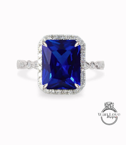 Blue Sapphire & Diamond Halo Scalloped Milgrain Shank band Ring Radiant Engagement Ring Art Deco Emerald Halo Ring bridal wedding anniversary gift