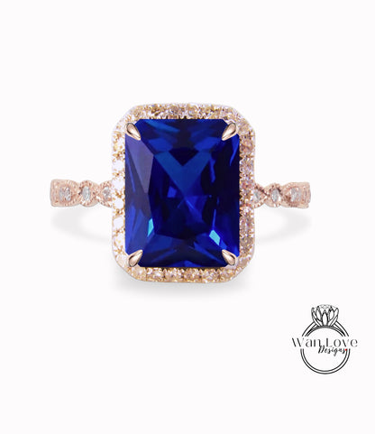 Blue Sapphire & Diamond Halo Scalloped Milgrain Shank band Ring Radiant Engagement Ring Art Deco Emerald Halo Ring bridal wedding anniversary gift