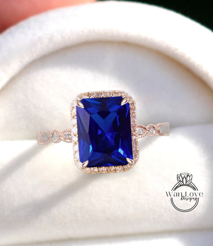 Blue Sapphire & Diamond Halo Scalloped Milgrain Shank band Ring Radiant Engagement Ring Art Deco Emerald Halo Ring bridal wedding anniversary gift