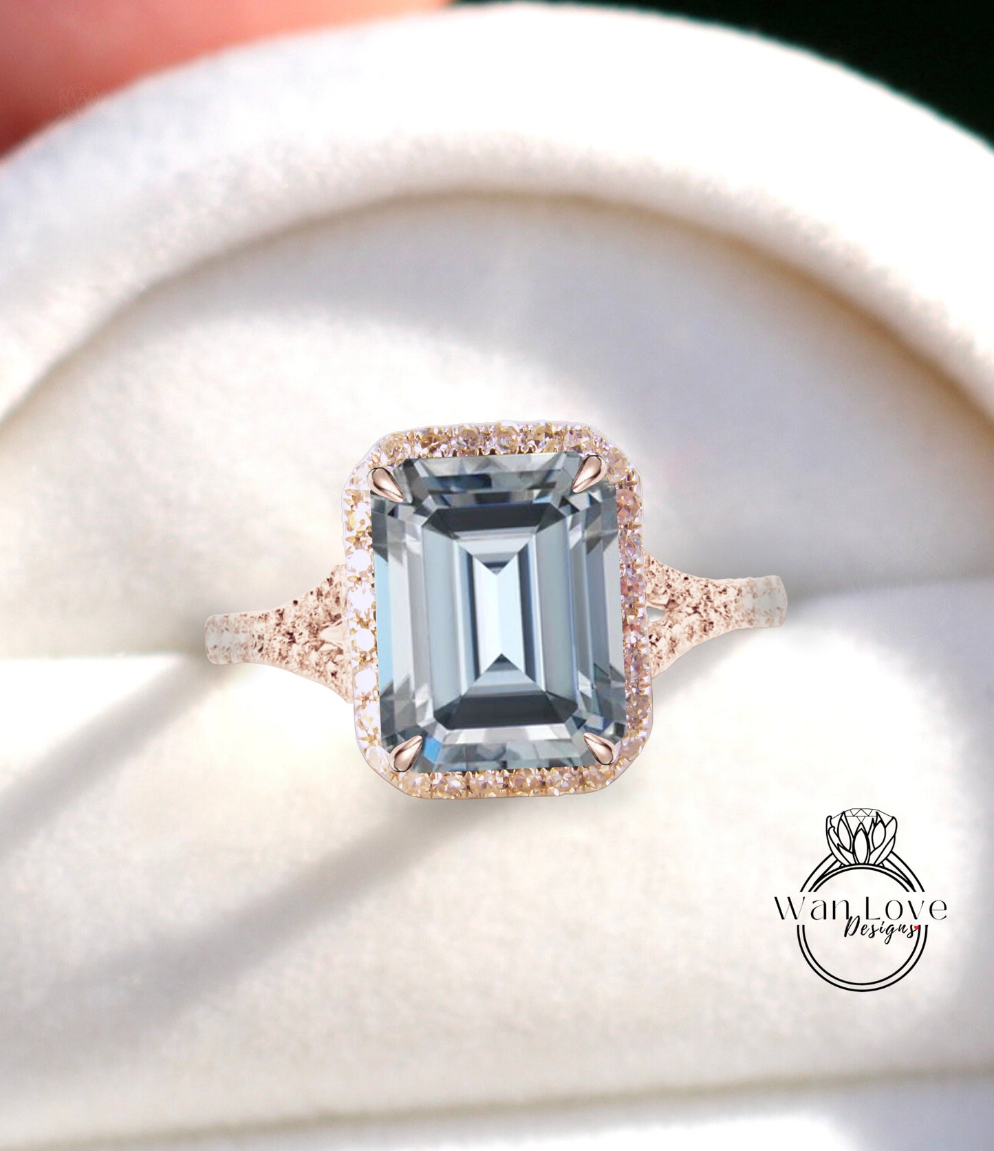 Grey Moissanite & Diamond Halo Split Shank Ring Radiant Engagement Ring Art Deco Emerald Gray Halo Ring wedding anniversary bridal promise ring