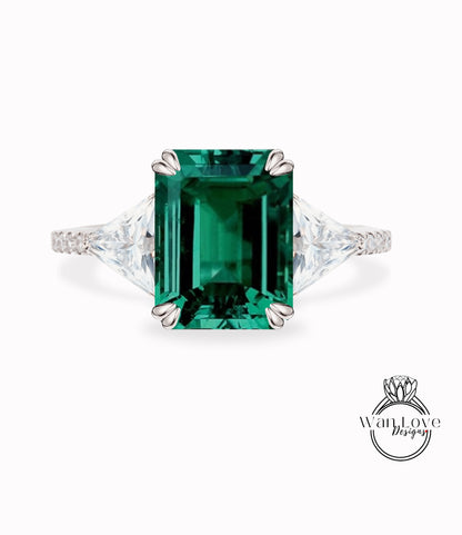 Emerald & Diamond Emerald Trillion Triangle cut Engagement Ring 3 gemstone Custom Ring-14k 18k White Yellow Rose Gold-Platinum-Wedding Bridal Ring Anniversary Gift