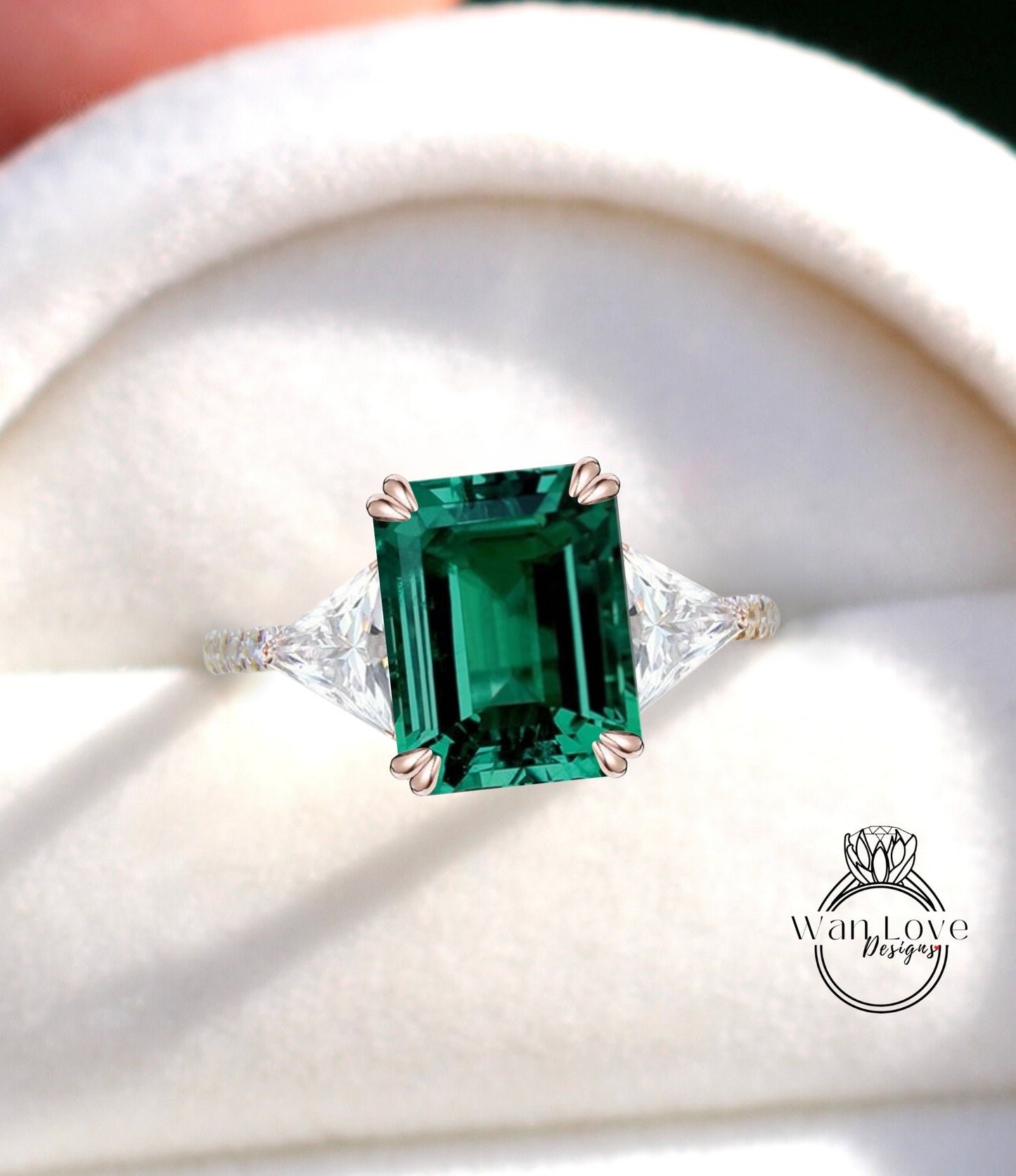 Emerald & Diamond Emerald Trillion Triangle cut Engagement Ring 3 gemstone Custom Ring-14k 18k White Yellow Rose Gold-Platinum-Wedding Bridal Ring Anniversary Gift