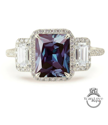 Alexandrite & Diamonds Emerald Triple Halo Baguette Ring, Art Deco Engagement Ring, Diamond Side Stone Ring, Three Gem Stone Halo Diamond Ring, Anniversary Gift