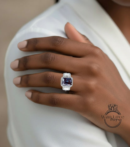 Alexandrite & Diamonds Emerald Triple Halo Baguette Ring, Art Deco Engagement Ring, Diamond Side Stone Ring, Three Gem Stone Halo Diamond Ring, Anniversary Gift