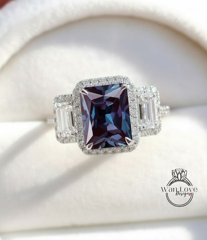 Alexandrite & Diamonds Emerald Triple Halo Baguette Ring, Art Deco Engagement Ring, Diamond Side Stone Ring, Three Gem Stone Halo Diamond Ring, Anniversary Gift