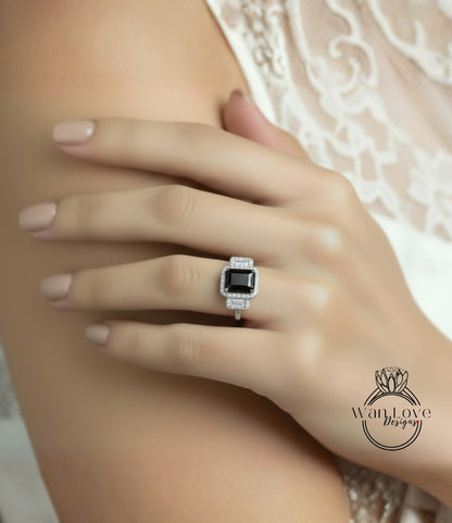 Anello Baguette con spinello nero e diamanti Smeraldo Halo, Anello di fidanzamento Art Déco, Anello con pietra laterale con diamanti, Anello con tre pietre Halo con diamanti