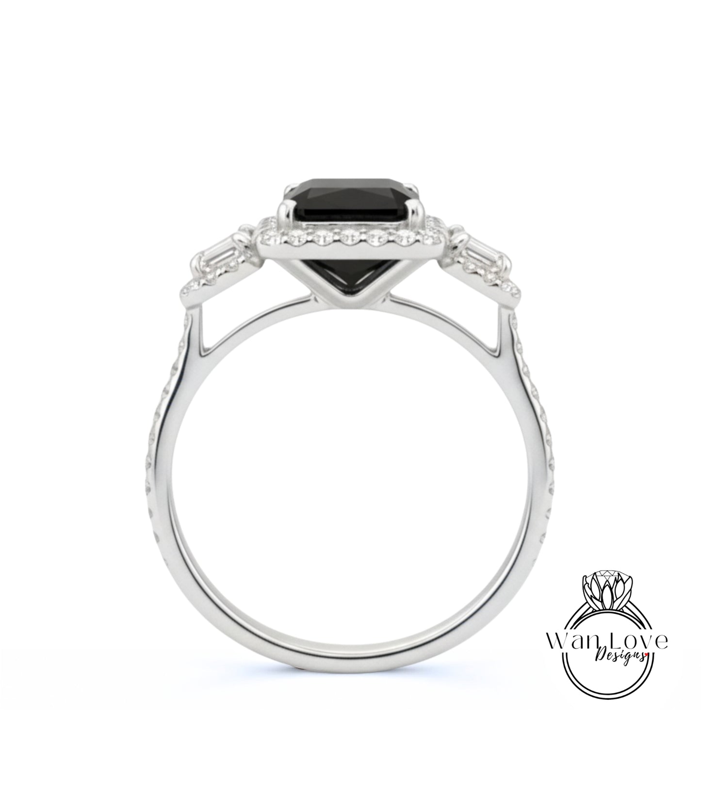 Anello Baguette con spinello nero e diamanti Smeraldo Halo, Anello di fidanzamento Art Déco, Anello con pietra laterale con diamanti, Anello con tre pietre Halo con diamanti