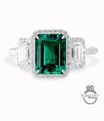 Emerald & Diamonds Emerald Triple Halo Baguette Ring, Art Deco Engagement Ring, Diamond Side Stone Ring, Three Gem Stone Halo Diamond Ring, Anniversary Gift