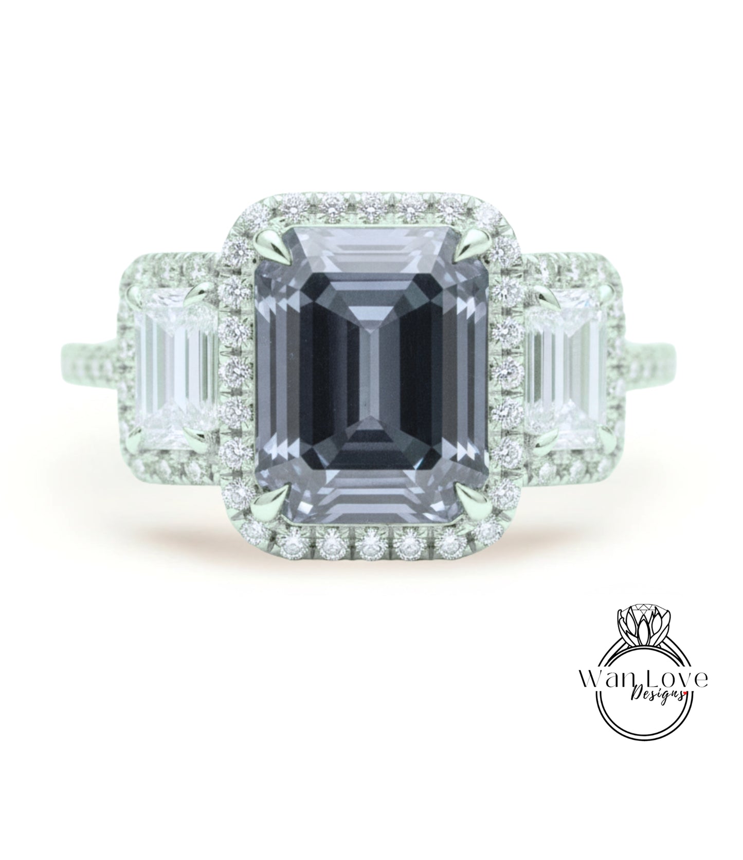 Anello Baguette con Moissanite Grigio Smeraldo Halo e Diamanti, Anello di Fidanzamento Art Déco, Anello con Pietra Laterale con Diamanti, Anello con Tre Pietre Halo con Diamanti