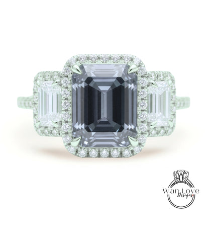 Anello Baguette con Moissanite Grigio Smeraldo Halo e Diamanti, Anello di Fidanzamento Art Déco, Anello con Pietra Laterale con Diamanti, Anello con Tre Pietre Halo con Diamanti