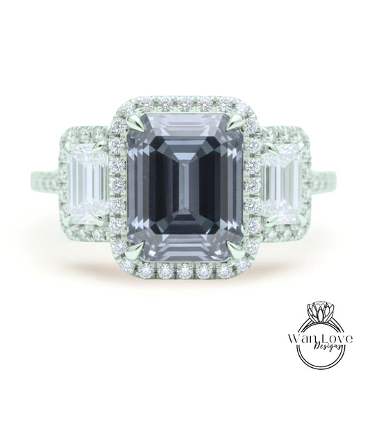 Anello Baguette con Moissanite Grigio Smeraldo Halo e Diamanti, Anello di Fidanzamento Art Déco, Anello con Pietra Laterale con Diamanti, Anello con Tre Pietre Halo con Diamanti