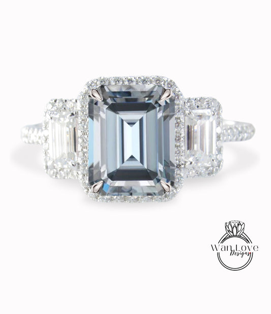 Anello Baguette con Moissanite Grigio Smeraldo Halo e Diamanti, Anello di Fidanzamento Art Déco, Anello con Pietra Laterale con Diamanti, Anello con Tre Pietre Halo con Diamanti