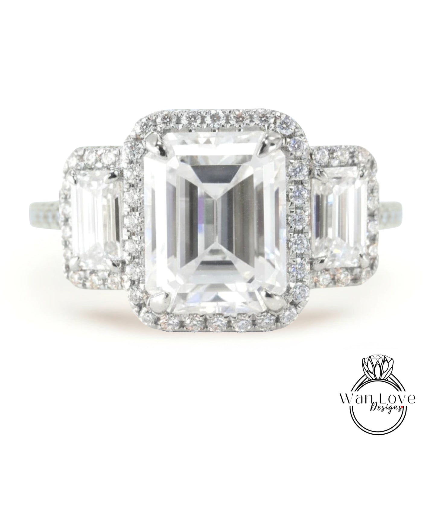 Anello di fidanzamento Moissanite con taglio smeraldo Anello con diamanti Moissanite radiante 3 pietre preziose Anello in oro bianco massiccio Anello promessa nuziale Anello anniversario