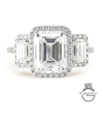 Anello di fidanzamento Moissanite con taglio smeraldo Anello con diamanti Moissanite radiante 3 pietre preziose Anello in oro bianco massiccio Anello promessa nuziale Anello anniversario