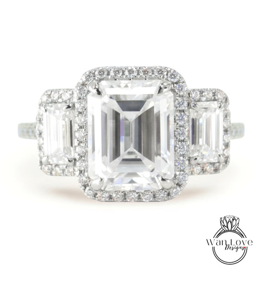 Moissanite & Diamonds Emerald Triple Halo Baguette Ring, Art Deco Engagement Ring, Diamond Side Stone Ring, Three Gem Stone Halo Diamond Ring, Anniversary Gift