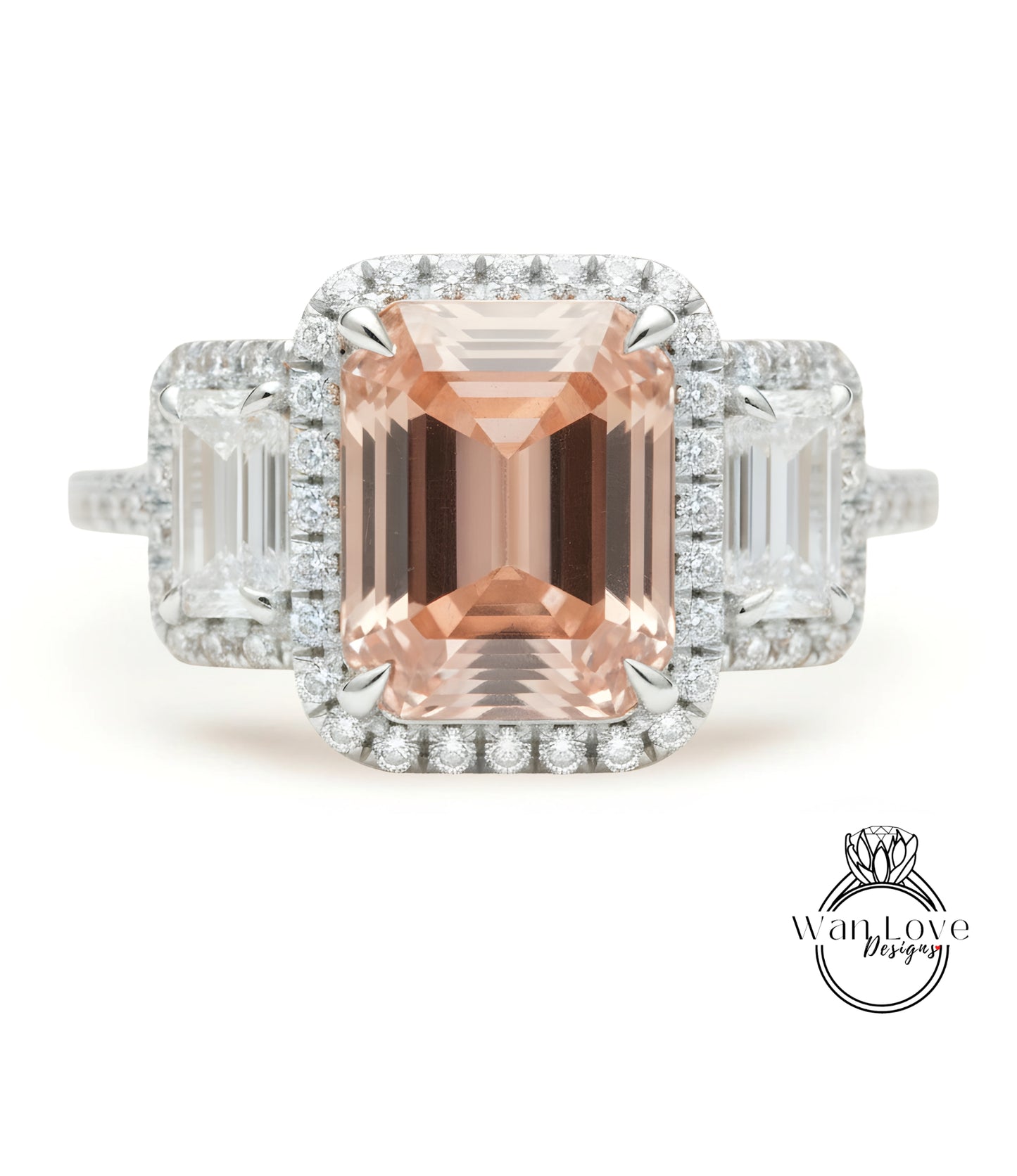 Peach Sapphire & Diamonds Emerald Triple Halo Baguette Ring, Art Deco Engagement Ring, Diamond Side Stone Ring, Three Gem Stone Halo Diamond Ring, Anniversary Gift