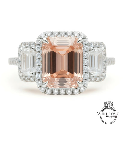 Peach Sapphire & Diamonds Emerald Triple Halo Baguette Ring, Art Deco Engagement Ring, Diamond Side Stone Ring, Three Gem Stone Halo Diamond Ring, Anniversary Gift